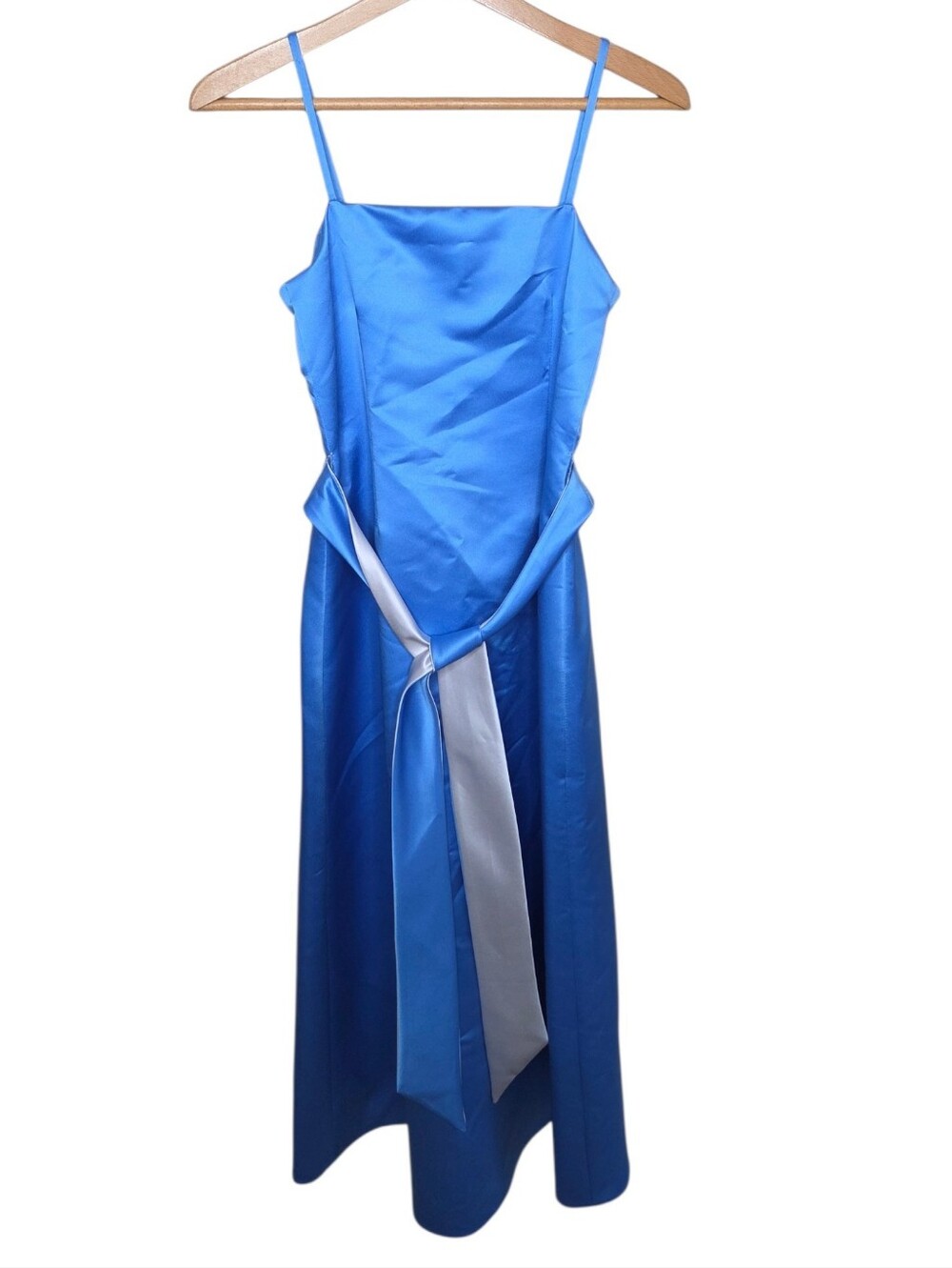 Bill Levkoff Blue Satin Square Neck Spaghetti Strap Gown Bridesmaid Dress 14